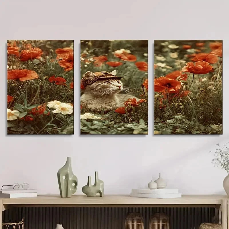 3pcs Cat in Poppy Field, Kitten, Cute Wall Art Set Canvas Framed 60x90cm - High Quality Print 100% Australian Made Wall Canvas Ready to Hang