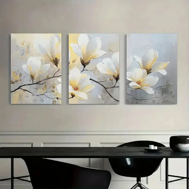 3pcs White Magnolia Flower Poster Painting Metal Print Ready to Hang Art