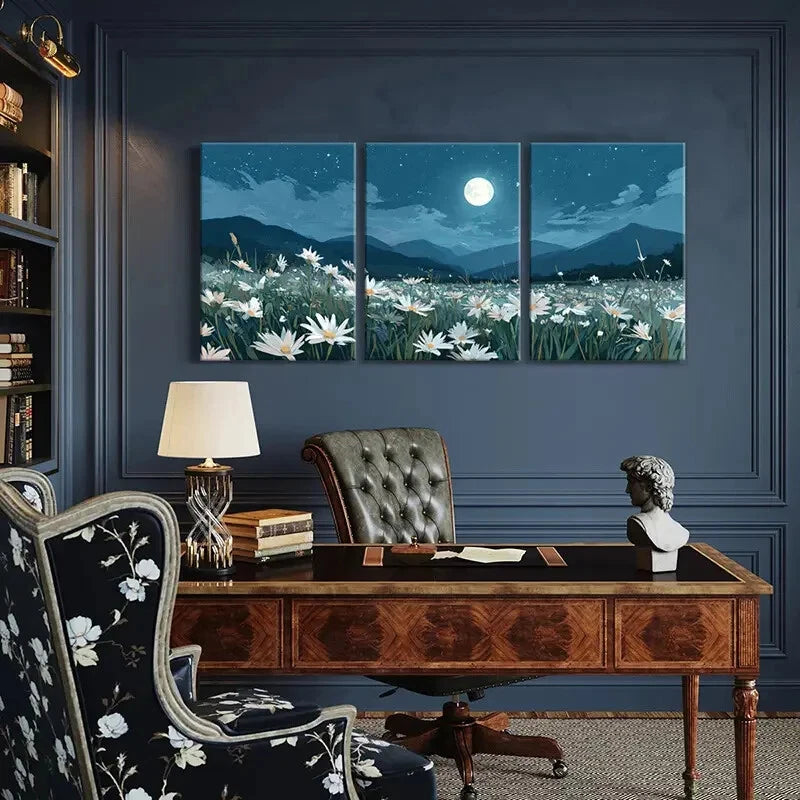 3pcs White Daisies Starry Sky Mountain Scenery Metal Print Ready to Hang Art