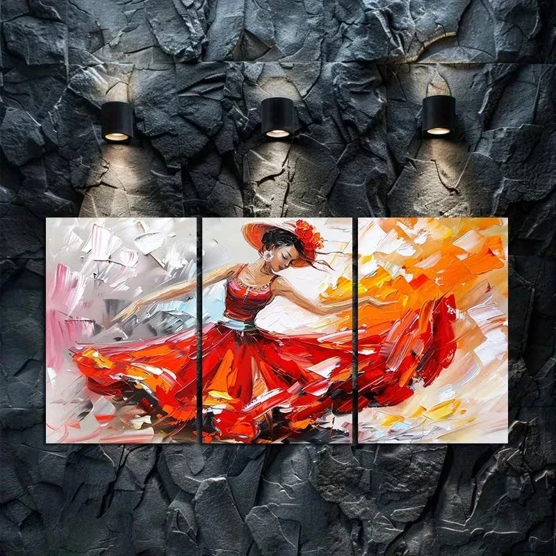3pcs Flamenco Dancer in a Flowing Red Dress Metal Print Ready to Hang Art