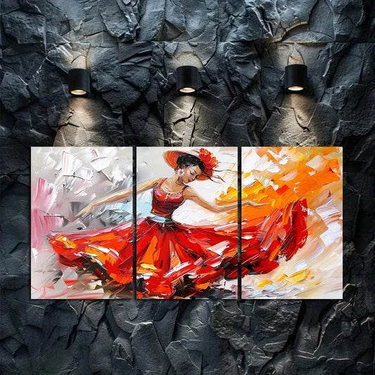 3pcs Flamenco Dancer in a Flowing Red Dress Metal Print Ready to Hang Art