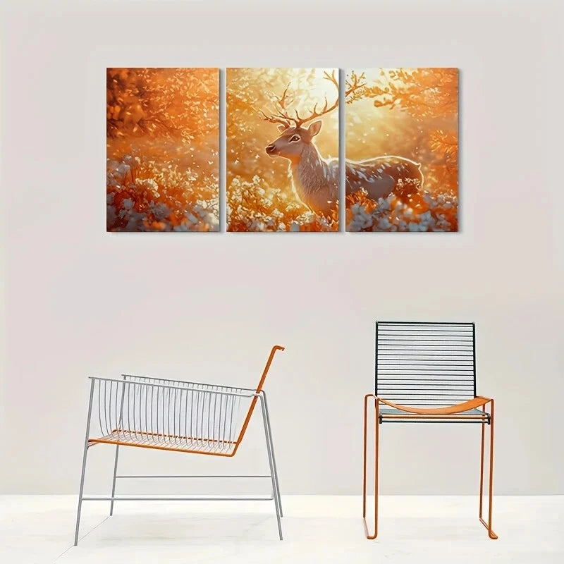3pcs Golden Forest Deer Modern Metal Print Ready to Hang Art