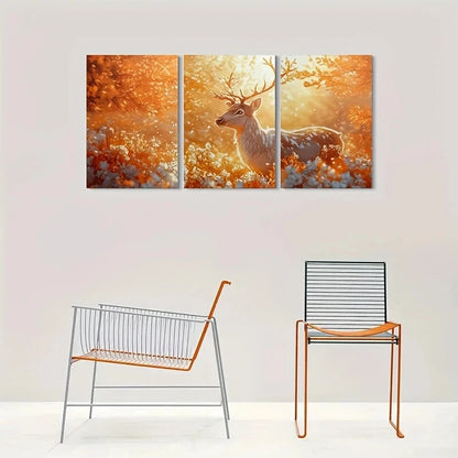 3pcs Golden Forest Deer Modern Metal Print Ready to Hang Art
