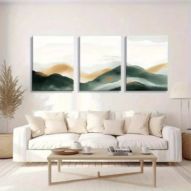 3pcs Green and Golden Serene Abstract Mountain Metal Print Ready to Hang Art
