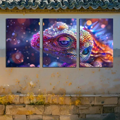 3pcs Vibrant Colorful Reptile Chameleon Design Metal Print Ready to Hang Art