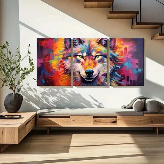 3pcs Wolf in a Vintage Watercolor Style Wall Art Set Canvas Framed 40x60cm - High Quality Print 100% Australian Made Wall Canvas Ready to Hang