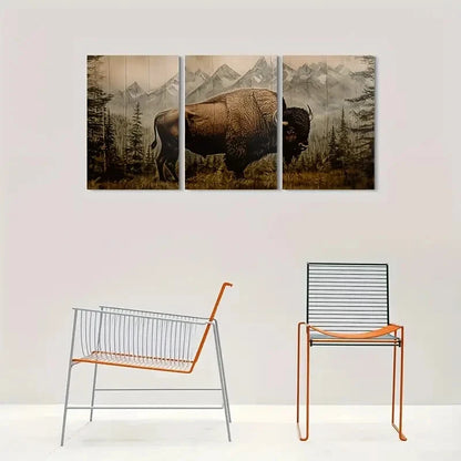 3pcs Rustic Buffalo Nature Scene with Mountains Metal Print Ready to Hang Art