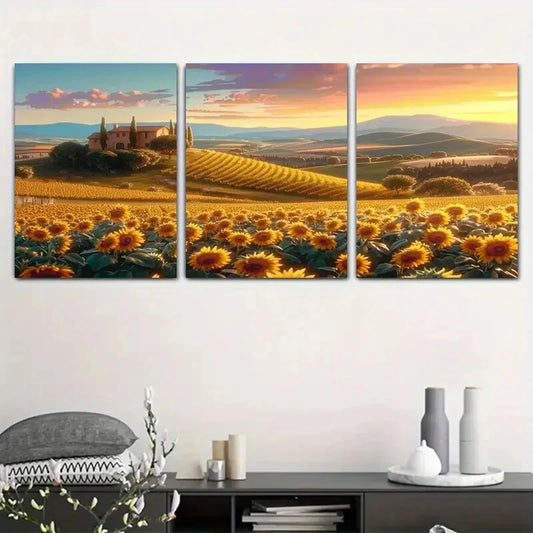 3pcs Vibrant Golden Sunflowers Rolling Hills Metal Print Ready to Hang Art