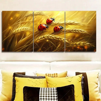 3pcs Murals Depicting a Ladybug Standing on Wheat Metal Print Ready to Hang Art