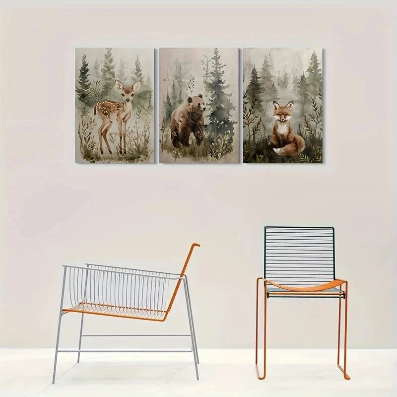 3pcs Watercolor Forest Animals Nature Metal Print Ready to Hang Art