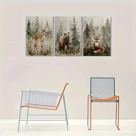 3pcs Watercolor Forest Animals Nature Metal Print Ready to Hang Art