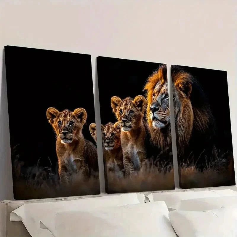 3pcs Majestic Lion Family Portrait Decor Wall Art Set Canvas Framed 40x60cm - High Quality Print 100% Australian Made Wall Canvas Ready to Hang