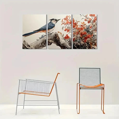 3pcs Bird on Branch with Red Flowers Nature Wall Art Canvas Unframed - High Quality Print 100% Australian Made Wall Canvas