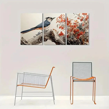 3pcs Bird on Branch with Red Flowers Nature Wall Art Canvas Unframed - High Quality Print 100% Australian Made Wall Canvas