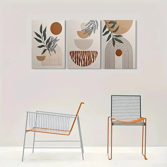 3pcs Geometric Plant Elements Neutral Tones Metal Print Ready to Hang Art