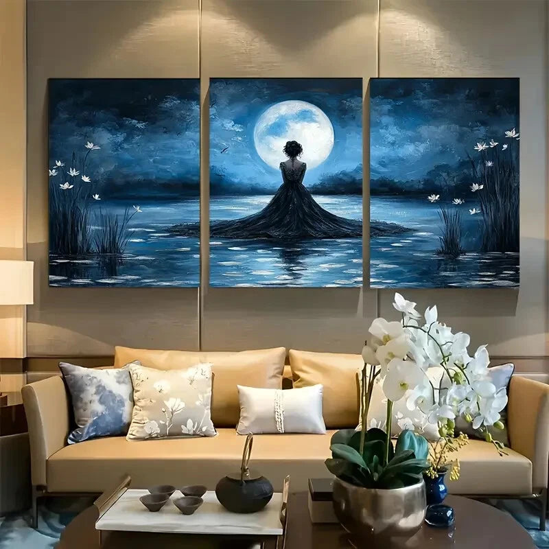 3pcs Ethereal Woman in Lace Gown by Moonlit Lake Metal Print Ready to Hang Art