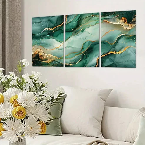 3pcs Green & Gold Abstract Design Canvas Framed 60x90cm - High Quality Print 100% Australian Made Wall Canvas Ready to Hang