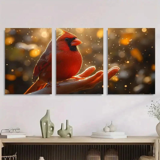 3pcs Peaceful Red Cardinal Golden Bubbles Metal Print Ready to Hang Art