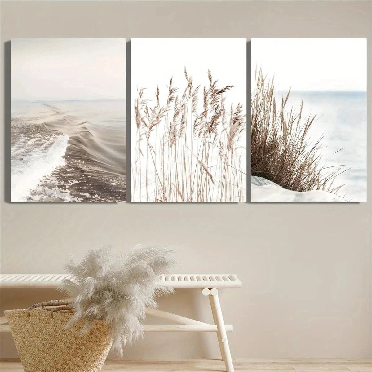 3pcs Neutral Beach Style Blue Sea Beige Metal Print Ready to Hang Art