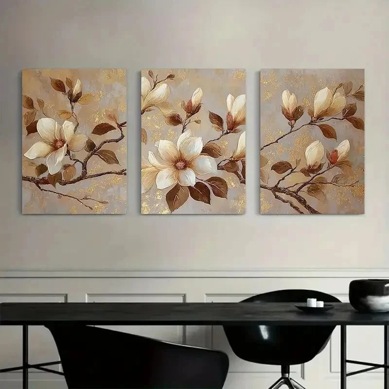 3pcs Magnolia Flowers in Beige and Brown Colors Metal Print Ready to Hang Art