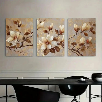 3pcs Magnolia Flowers in Beige and Brown Colors Metal Print Ready to Hang Art