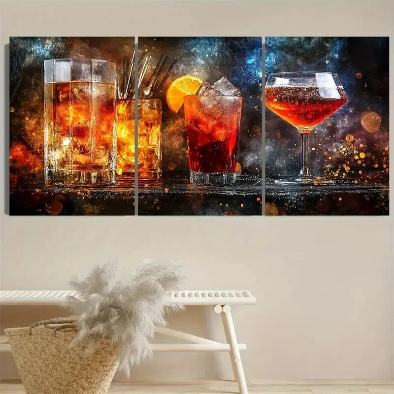 3pcs Still Life Bar on Dark, Cocktail Modern Metal Print Ready to Hang Art