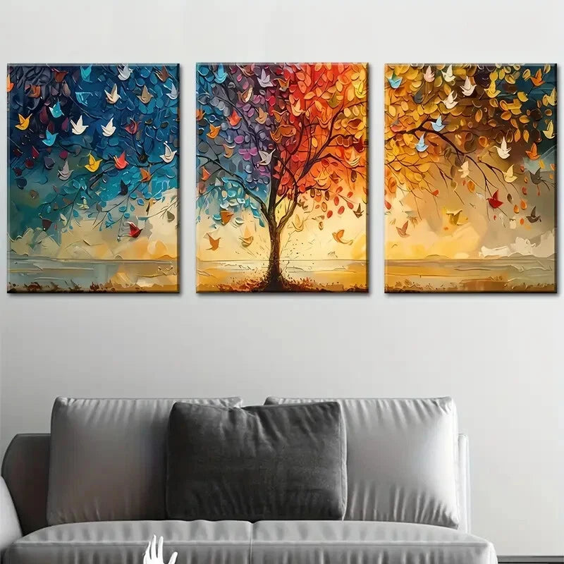 3pcs Vibrant Tree of Life Colorful Birds & Foliage Metal Print Ready to Hang Art