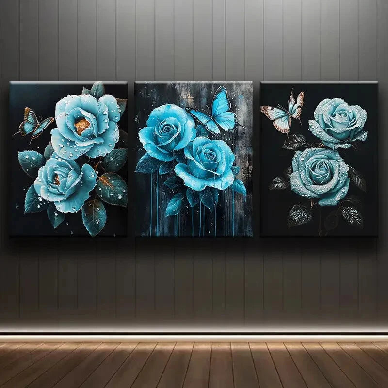 3pcs Teal Rose Floral Artwork Elegantly Metal Print Ready to Hang Art