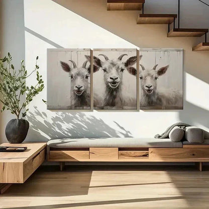 3pcs White Goats with Horns & Expressive Eyes Wall Art Canvas Unframed - High Quality Print 100% Australian Made Wall Canvas