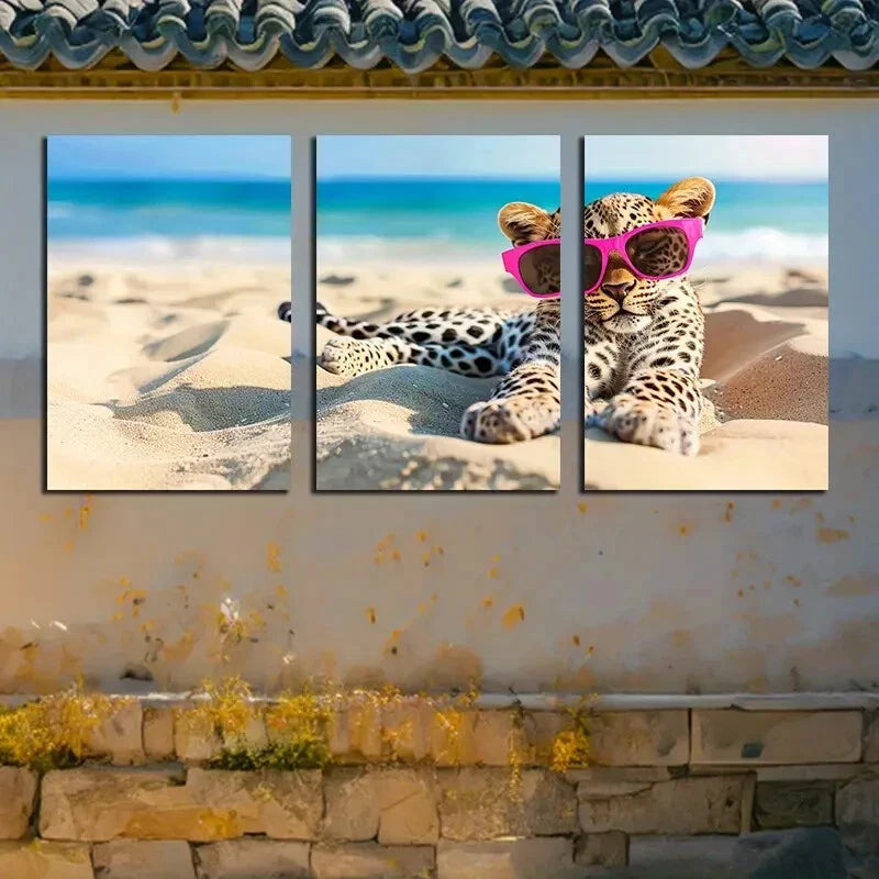 3pcs Vibrant Charming Cartoon Leopard Beach Scene Metal Print Ready to Hang Art