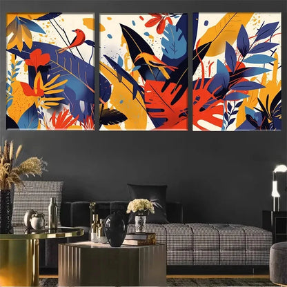 3pcs Vivid Abstract Tropical Bird and Leaf Design Metal Print Ready to Hang Art