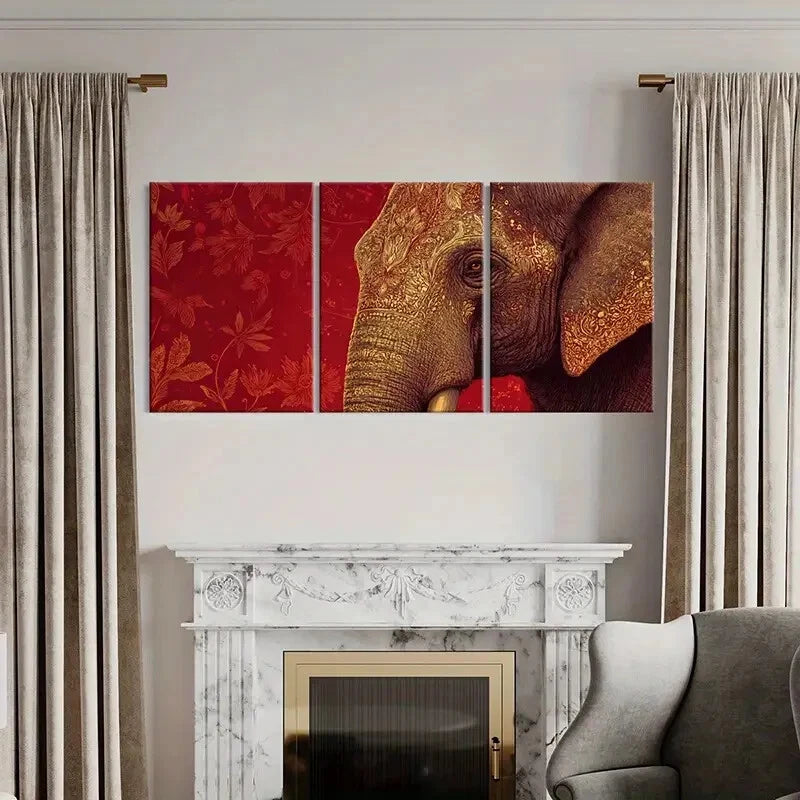 3pcs Elephant Art Intricate Design Golden Details Metal Print Ready to Hang Art