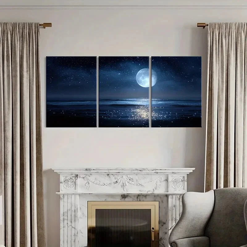 3pcs Moonlit Ocean Night Sky Stars Reflections Metal Print Ready to Hang Art