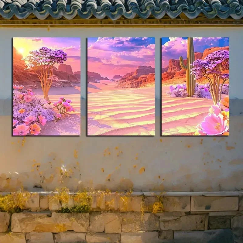 3pcs Vibrant Desert Cactus with Pink Florals Metal Print Ready to Hang Art