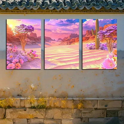 3pcs Vibrant Desert Cactus with Pink Florals Metal Print Ready to Hang Art