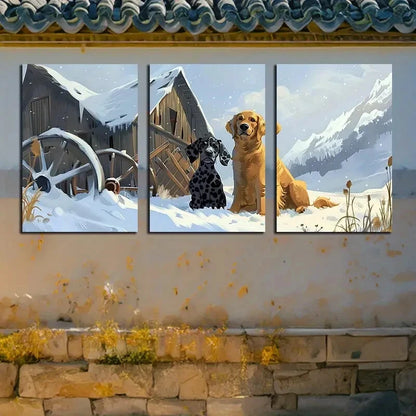 3pcs Dogs in Winter Yard with Stagecoach Metal Print Ready to Hang Art