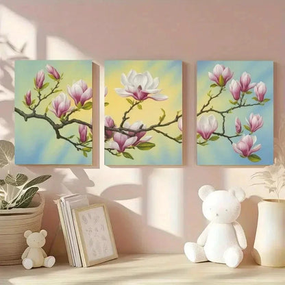 3pcs Serene Pink & White Magnolia Branches Metal Print Ready to Hang Art