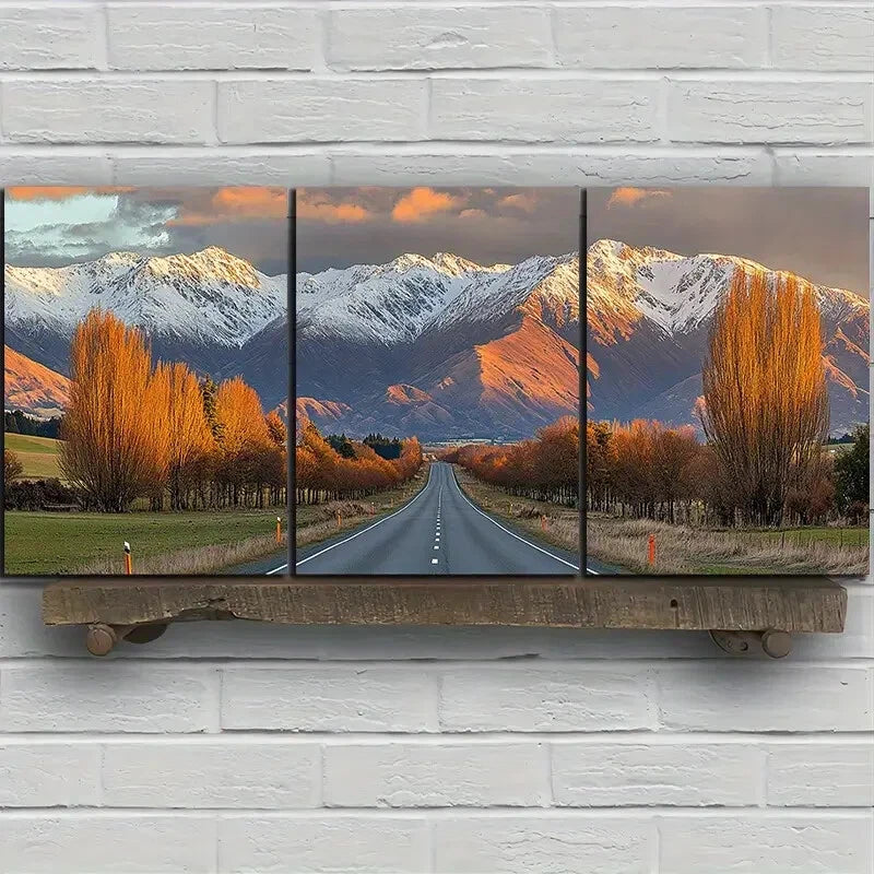 3pcs Sunset Glow Road Trio Mountains Metal Print Ready to Hang Art