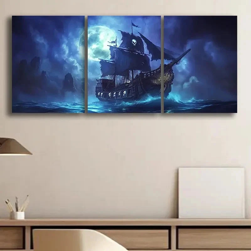 3pcs Ghostly Maritime Theme Ship Metal Print Ready to Hang Art