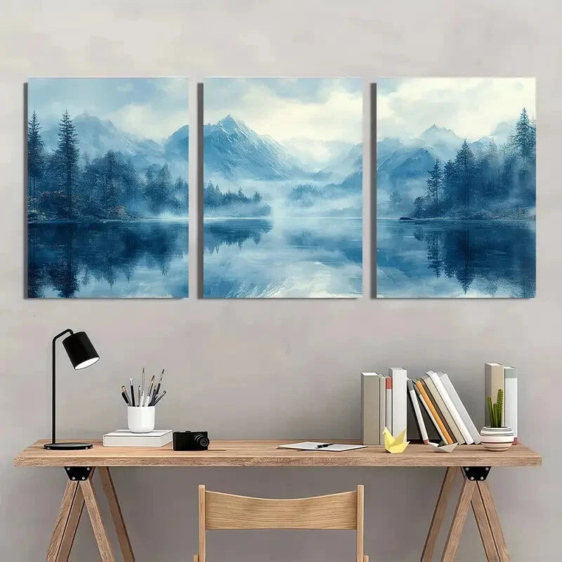 3pcs Abstract Landscape Serene Blue Mountain Lake Metal Print Ready to Hang Art