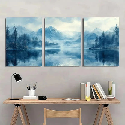 3pcs Abstract Landscape Serene Blue Mountain Lake Metal Print Ready to Hang Art