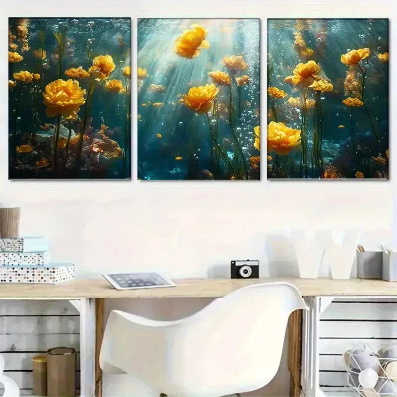 3pcs Underwater Vibrant Yellow Roses in Sunlight Metal Print Ready to Hang Art