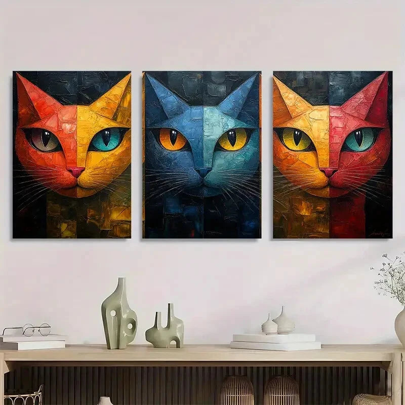 3pcs Vibrant Cubist Cat Colorful Abstract Metal Print Ready to Hang Art