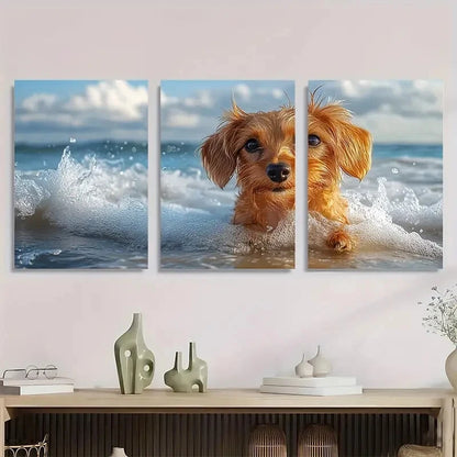 3pcs Dachshund Dog Ocean Waves Scene Metal Print Ready to Hang Art