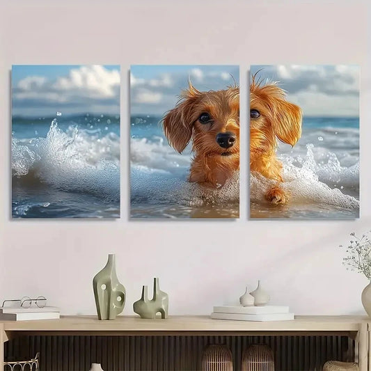 3pcs Dachshund Dog Ocean Waves Scene Metal Print Ready to Hang Art