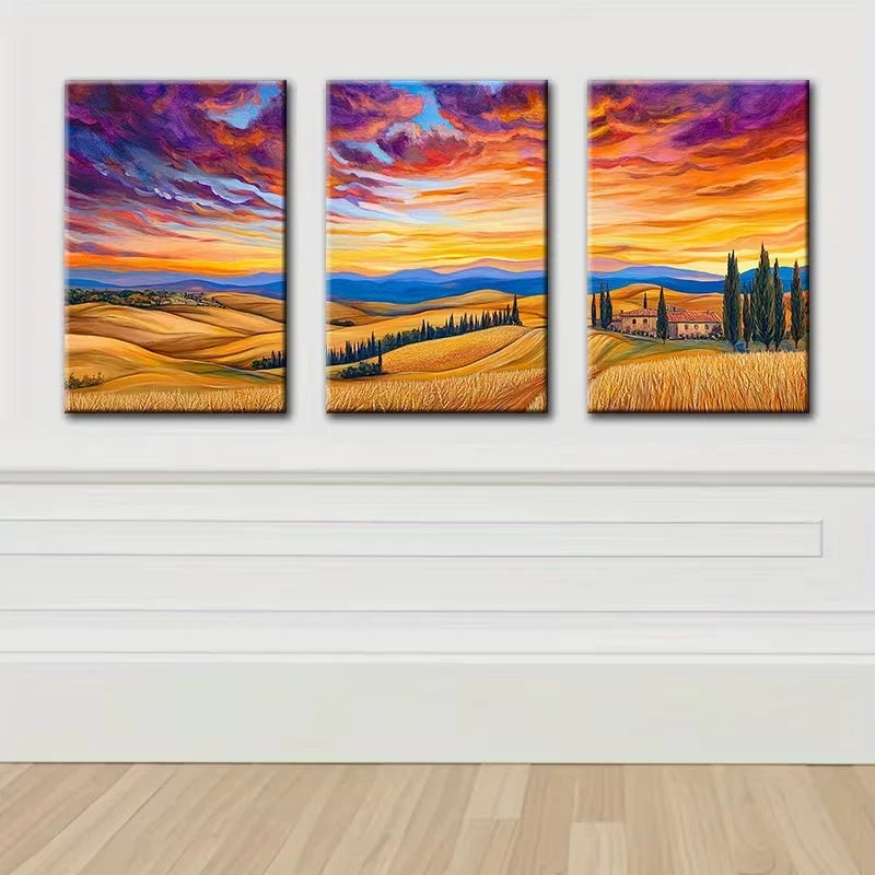 3pcs Sunset Landscape Fields Wall Art Set Canvas Framed 60x90cm - High Quality Print 100% Australian Made Wall Canvas Ready to Hang