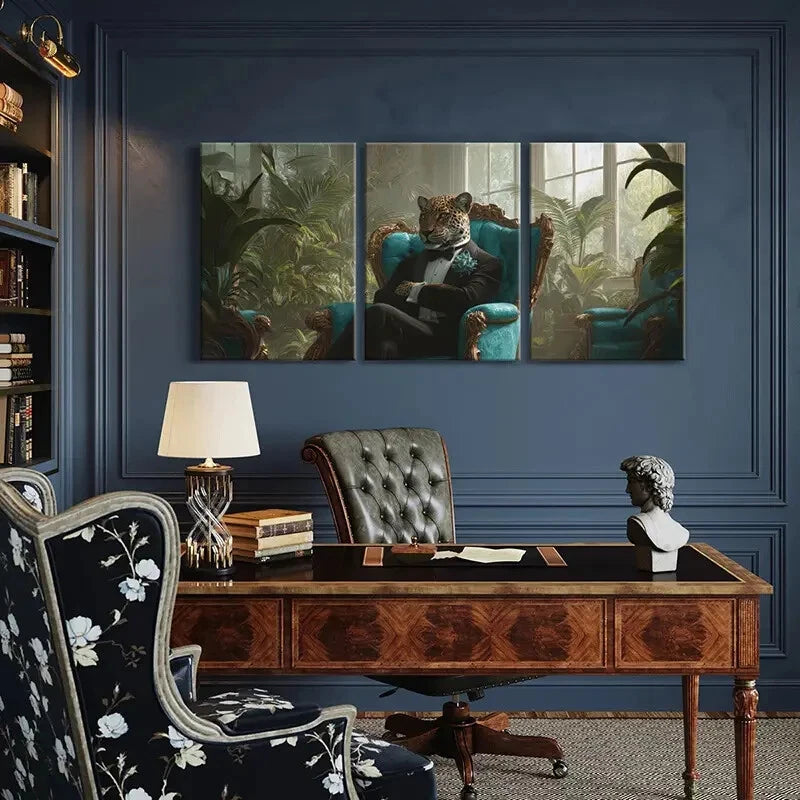 3pcs Luxury Leopard in Tuxedo Elegant Chair Metal Print Ready to Hang Art