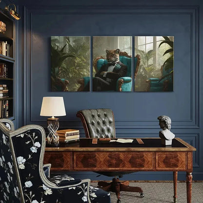 3pcs Luxury Leopard in Tuxedo Elegant Chair Metal Print Ready to Hang Art