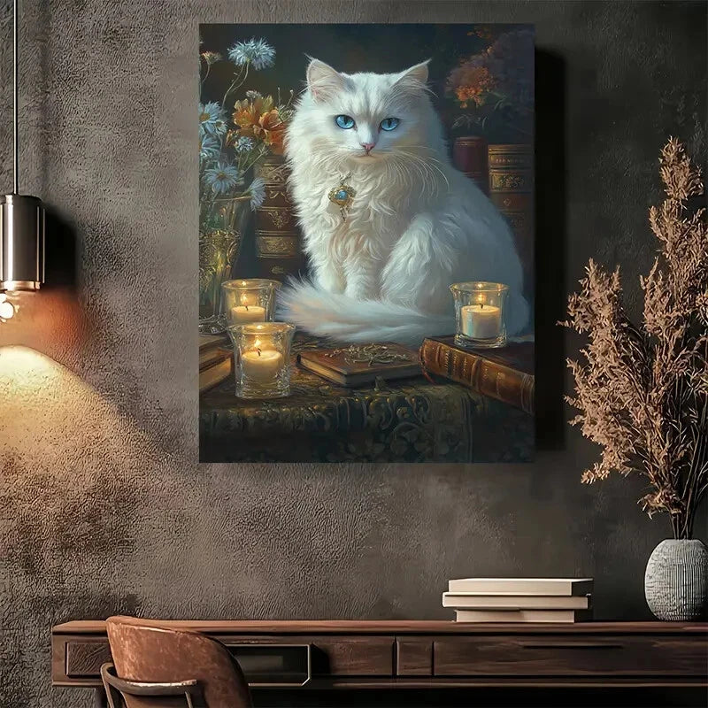 Beautiful Elegant White Cat with Blue Eyes Painting 40x60cm Metal Print Ready to Hang