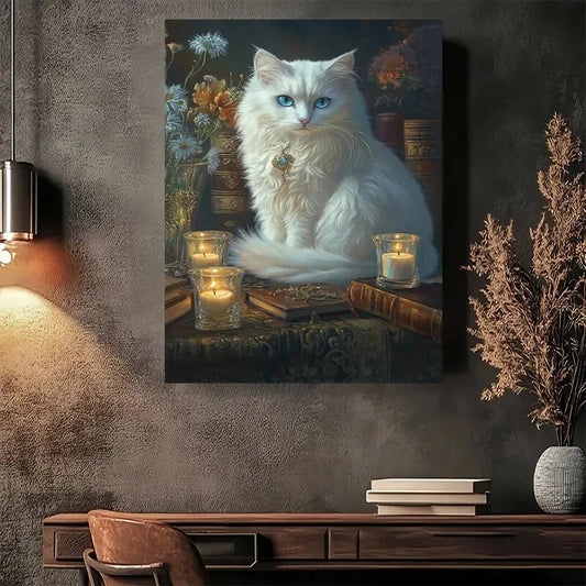 Beautiful Elegant White Cat with Blue Eyes Painting 40x60cm Metal Print Ready to Hang